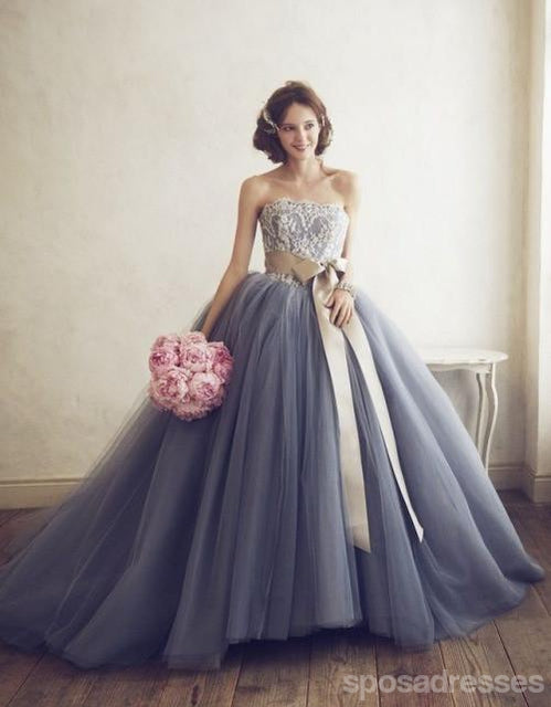 cheap grey formal dresses Mermaid Deep V-Neck Sweep Train Grey Tulle Prom Dress US6 / Custom Color