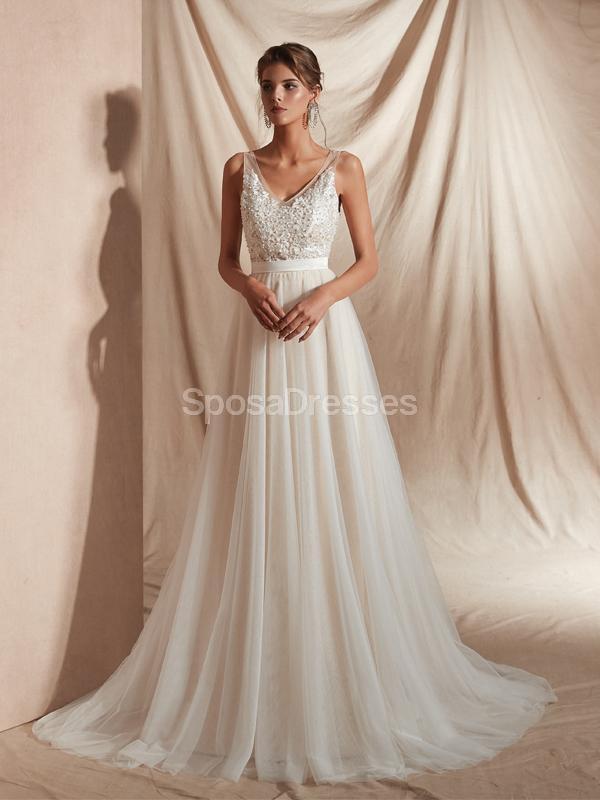 V Neck Lace A-line Cheap Wedding Dresses Online, Unique Bridal Dresses, WD580