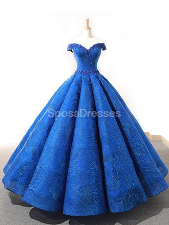 Off Shoulder Sparkly Blue Ball Gown Evening Prom Dresses, Evening Party Prom Dresses, 12262