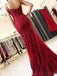 Spaghetti Straps Red Lace Mermaid Long Evening Prom Dresses, 17505