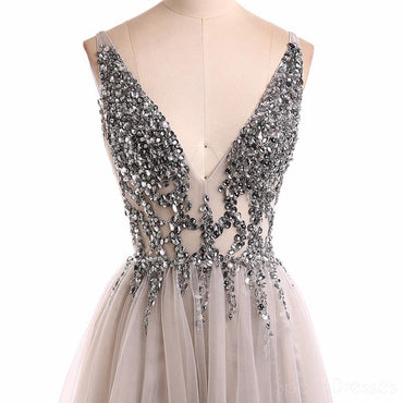 Grey V Neck See Through Beaded Long Evening Prom Dresses, Cheap Sweet 16 Dresses, 18351