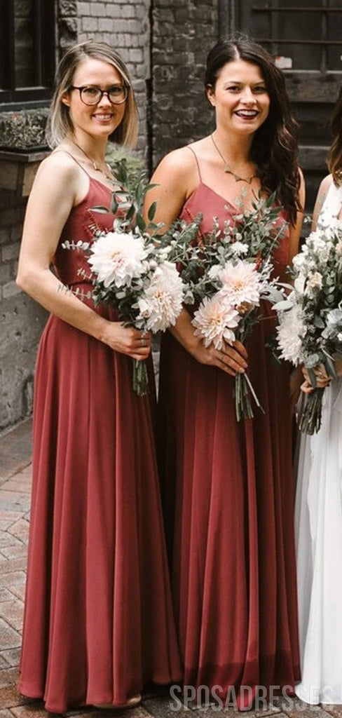 Spaghetti Straps Sleeveless Rust Red Long Bridesmaid Dresses Online, WG740