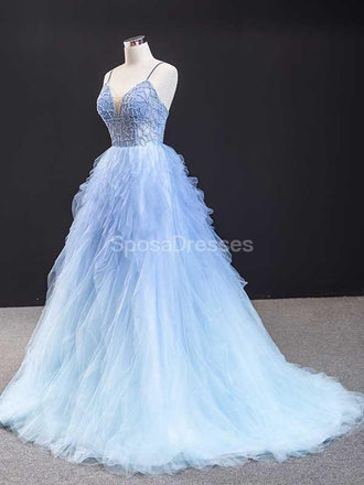 Spaghetti Straps Beaded Ombre Ruffle Long Evening Prom Dresses, Evening Party Prom Dresses, 12233