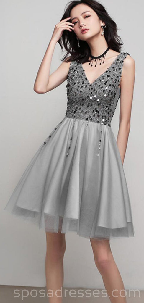 V Neck Grey Sequin Beaded Cheap Homecoming Dresses Online, Cheap Short Prom Dresses, CM763