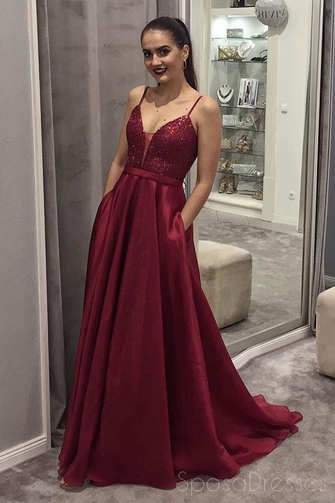 Spaghetti Straps Dark Red Sequin Long Evening Prom Dresses, Party Cust ...
