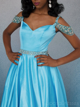 Off Shoulder Blue Beaded A-line Cheap Evening Prom Dresses, Sweet 16 Dresses, 17495