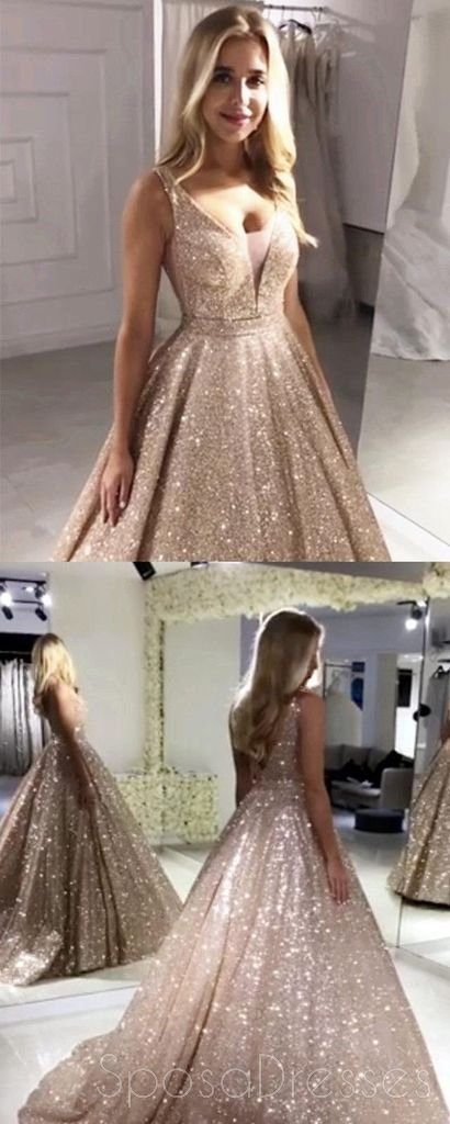 V Neck Sparkly Sequin A-line Long Evening Prom Dresses With Pockets, Cheap Custom Party Prom Dresses, 18606