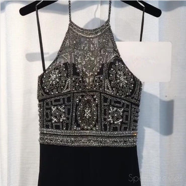 Sexy Backless Black Beaded Long Evening Prom Dresses, Popular Cheap Long 2018 Party Prom Dresses, 17291