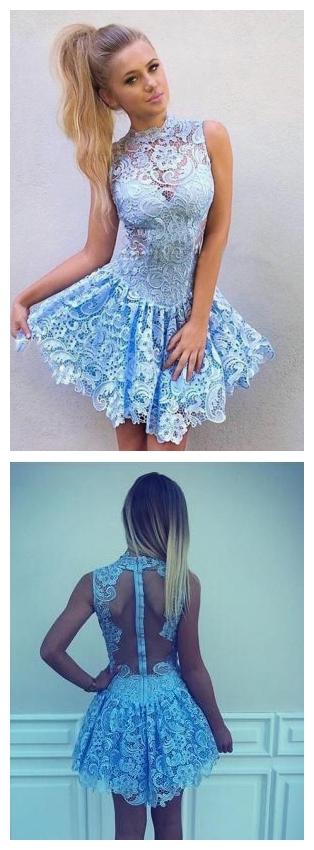 High Neck Blue Lace Illusion Short Cheap Homecoming Dresses Online, CM563