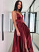 Spaghetti Straps Burgundy Side Slit Cheap Long Prom Dresses, Sweet 16 Prom Dresses, 12356