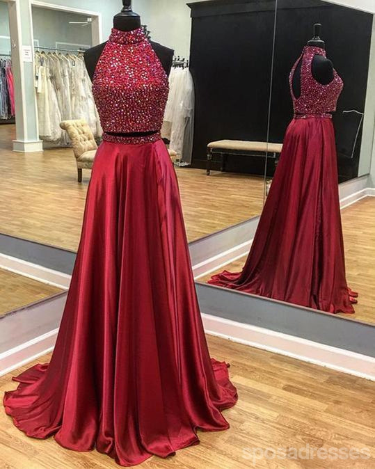 Dark Red Halter Open Back Beaded Floor Long Custom Evening Prom Dresses, 17423