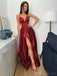 Spaghetti Straps Burgundy Side Slit Cheap Long Prom Dresses, Sweet 16 Prom Dresses, 12356
