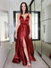 Spaghetti Straps Burgundy Side Slit Cheap Long Prom Dresses, Sweet 16 Prom Dresses, 12356