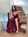 Spaghetti Straps Burgundy Side Slit Cheap Long Prom Dresses, Sweet 16 Prom Dresses, 12356