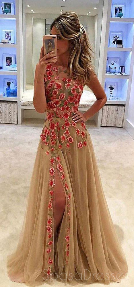 Sexy Side Slit Lace Scoop Neckline Long Evening Prom Dresses, Popular Cheap Long Party Prom Dresses, 17312