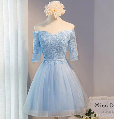 Off Shoulder Short Sleeve Blue Lace Homecoming Prom Dresses, Affordable Short Party Prom Dresses, Perfect Homecoming Dresses, CM287