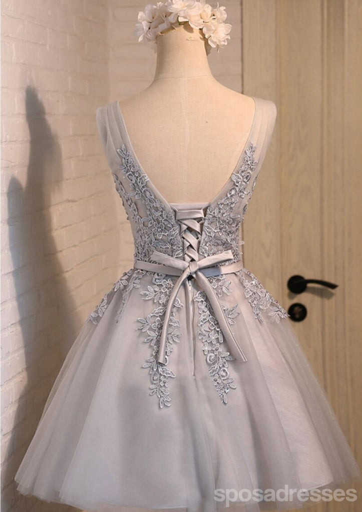 V Neckline Two Straps Grey Lace Beaded Homecoming Prom Dresses, Affordable Short Party Prom Dresses, Perfect Homecoming Dresses, CM288