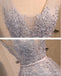 V Neckline Two Straps Grey Lace Beaded Homecoming Prom Dresses, Affordable Short Party Prom Dresses, Perfect Homecoming Dresses, CM288
