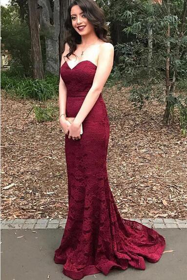 Sweetheart Red Lace Mermaid Evening Prom Dresses, 2018 Long Party Prom Dress,17087