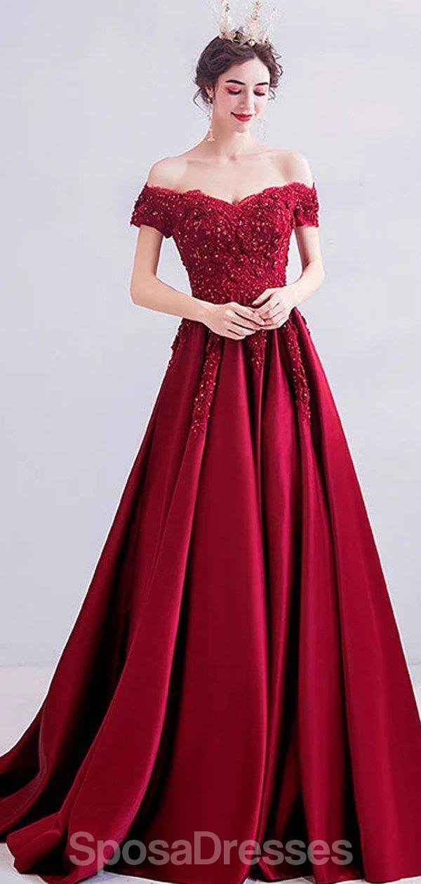 Dark Red Off Shoulder Lace Beaded Evening Prom Dresses, Evening Party SposaDresses Dark Red Off Shoulder Lace Beaded Evening Prom Dresses, Evening Party SposaDresses