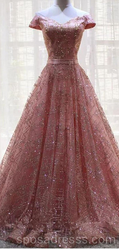 Off Shoulder Sparkly Pink A-line Long Evening Prom Dresses, Cheap Custom Sweet 16 Dresses, 18542