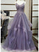 Grey Purple Ruffles Lace Beaded Long Cheap Evening Prom Dresses, Evening Party Prom Dresses, 12335
