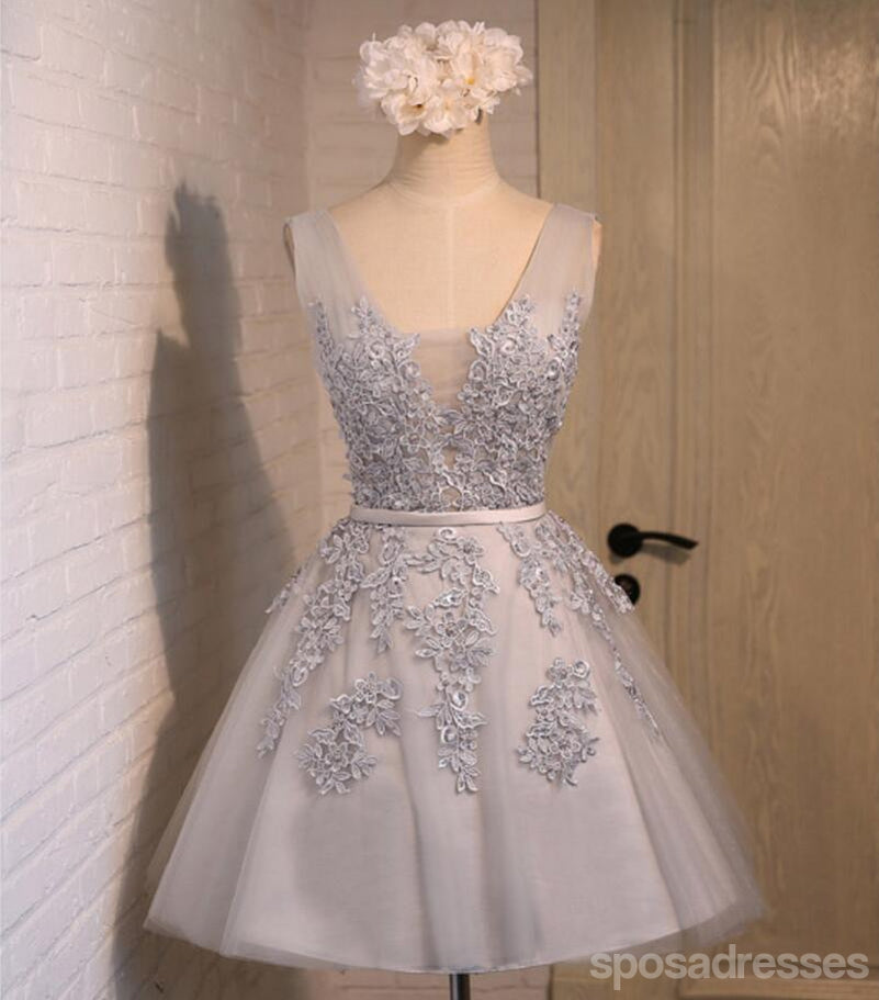 V Neckline Two Straps Grey Lace Beaded Homecoming Prom Dresses, Affordable Short Party Prom Dresses, Perfect Homecoming Dresses, CM288