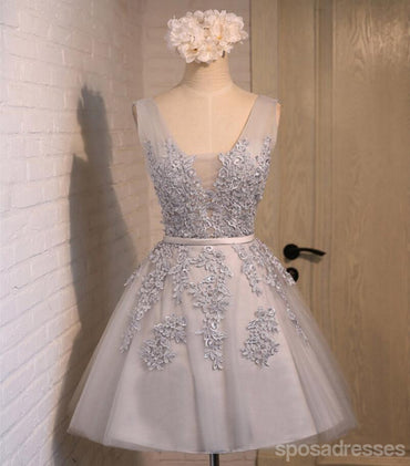 V Neckline Two Straps Grey Lace Beaded Homecoming Prom Dresses, Affordable Short Party Prom Dresses, Perfect Homecoming Dresses, CM288