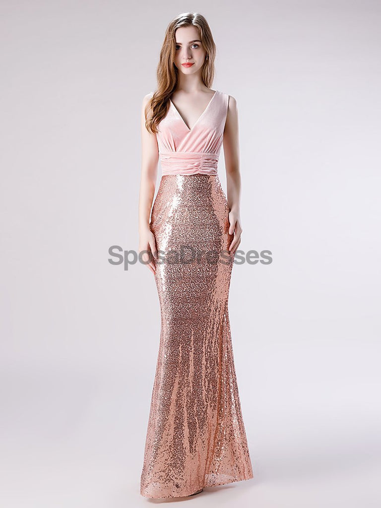V Neck Rose Gold Sequin Mermaid Evening Prom Dresses, Evening Party Prom Dresses, 12113