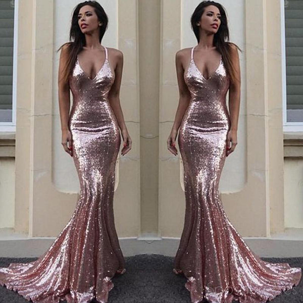 Sexy Backless Rose Gold Sequin Mermaid Evening Prom Dresses, Popular P ...