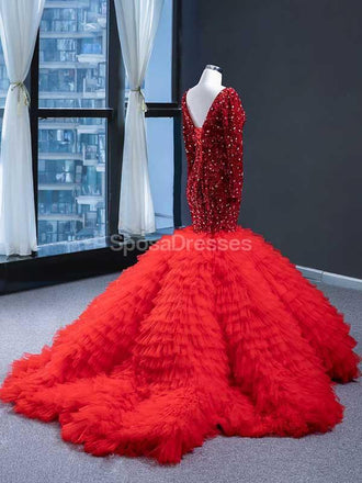 Red Long Sleeves Ruffles Mermaid Evening Prom Dresses, Evening Party Prom Dresses, 12236