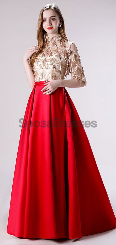 1/2 Long Sleeves High Neck Red Skirt Sequin Top Evening Prom Dresses, Evening Party Prom Dresses, 12116