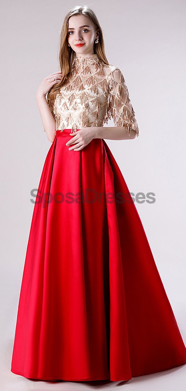 1/2 Long Sleeves High Neck Red Skirt Sequin Top Evening Prom Dresses, SposaDresses 1/2 Long Sleeves High Neck Red Skirt Sequin Top Evening Prom Dresses, SposaDresses