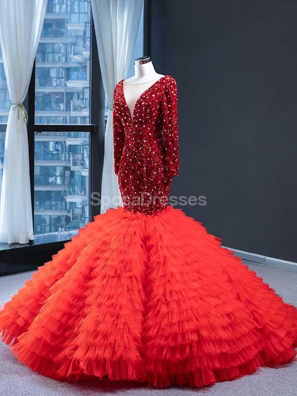 Red Long Sleeves Ruffles Mermaid Evening Prom Dresses, Evening Party Prom Dresses, 12236