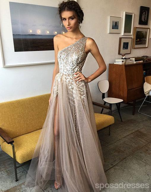 One Shoulder Sexy Side Slit Heavily Beaded Sparkly Long Evening Prom Dresses, 17270