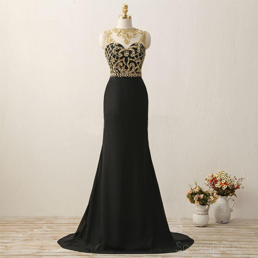 Sexy See Through Gold Heavily Beaded Black Evening Prom Dresses, Popular 2018 Party Prom Dresses, Custom Long Prom Dresses, Cheap Formal Prom Dresses, 17203