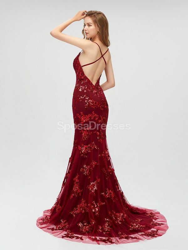 Sparkly Backless Red Sequin Mermaid Long Evening Prom Dresses, 17707