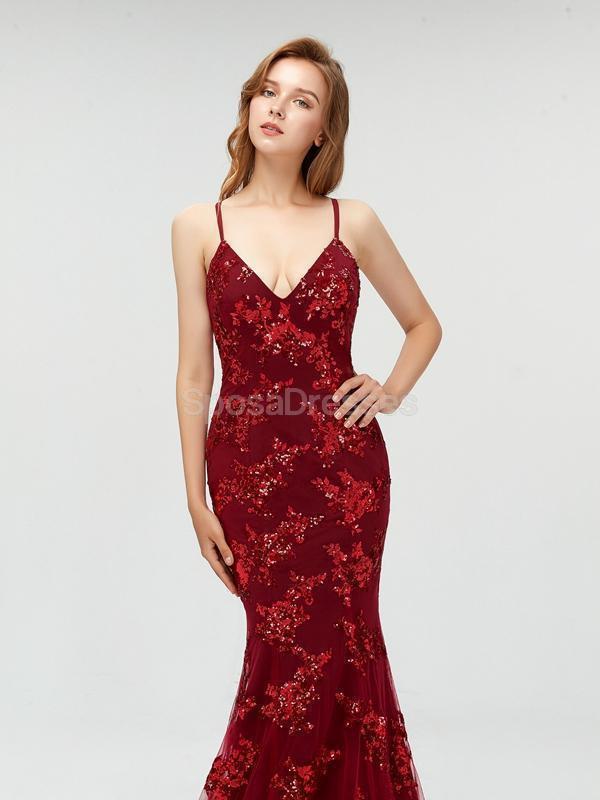 Sexy Maroon Straps Mermaid Sequin Cheap Evening Prom Dresses, Sweet 16 ...
