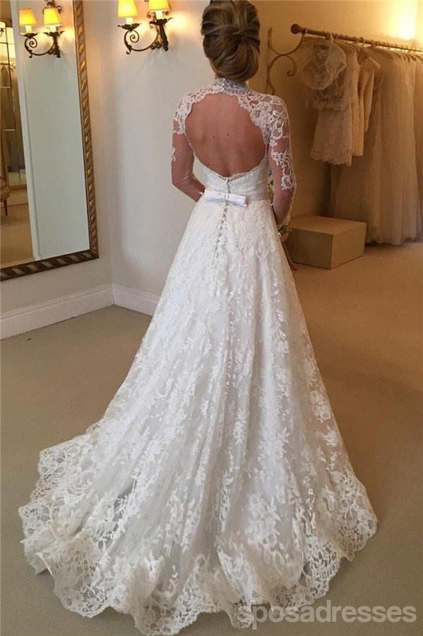 Long Sleeve High Neckline Lace A line Wedding Dresses,  Sexy Open Back Custom Wedding Gowns, Affordable Bridal Dresses, 17106