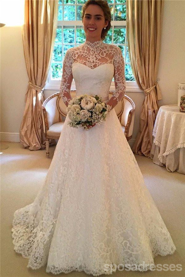 Long Sleeve High Neckline Lace A line Wedding Dresses, Sexy Open Back SposaDresses Long Sleeve High Neckline Lace A line Wedding Dresses, Sexy Open Back SposaDresses