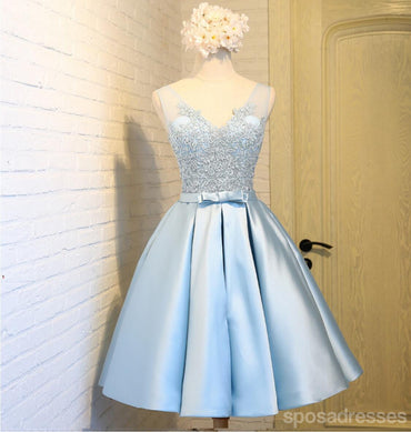 Scoop Neckline Two Straps Blue Lace See Through Homecoming Prom Dresses, Affordable Short Party Prom Dresses, Perfect Homecoming Dresses, CM290