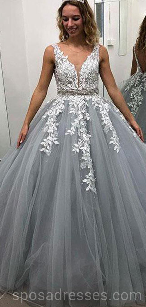 V Neck Grey Lace Ball Gown Long Evening Prom Dresses, Cheap Custom Par ...
