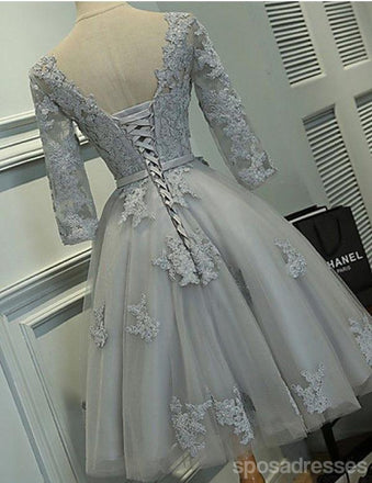 Long Sleeves Grey Lace Short Cheap Homecoming Dresses Online, CM561