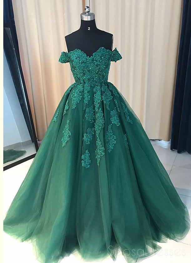 Off Shoulder Emerald Green Lace A line Long Custom Evening Prom
