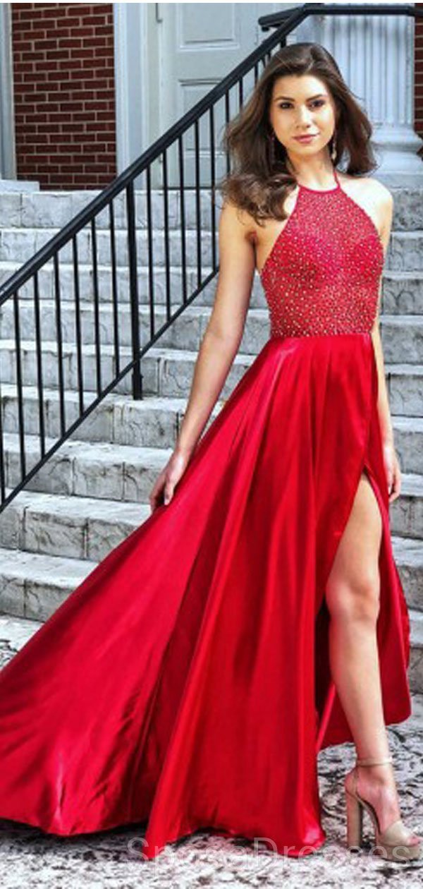Bright Red Halter Side Slit Beaded Evening Prom Dresses, Cheap Custom SposaDresses Bright Red Halter Side Slit Beaded Evening Prom Dresses, Cheap Custom SposaDresses