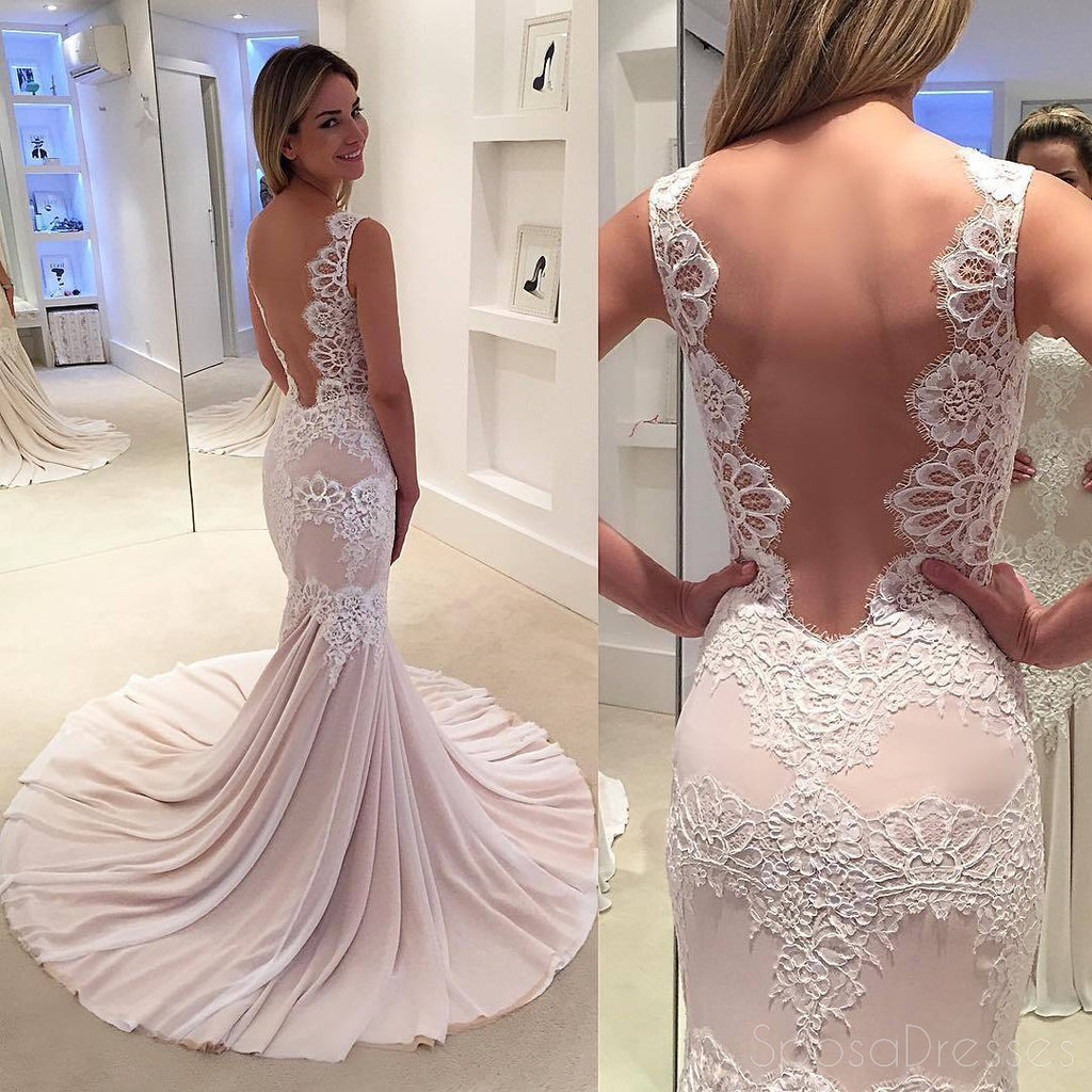 Sexy Backless Mermaid Lace Straps Long Evening Prom Dresses, 17509