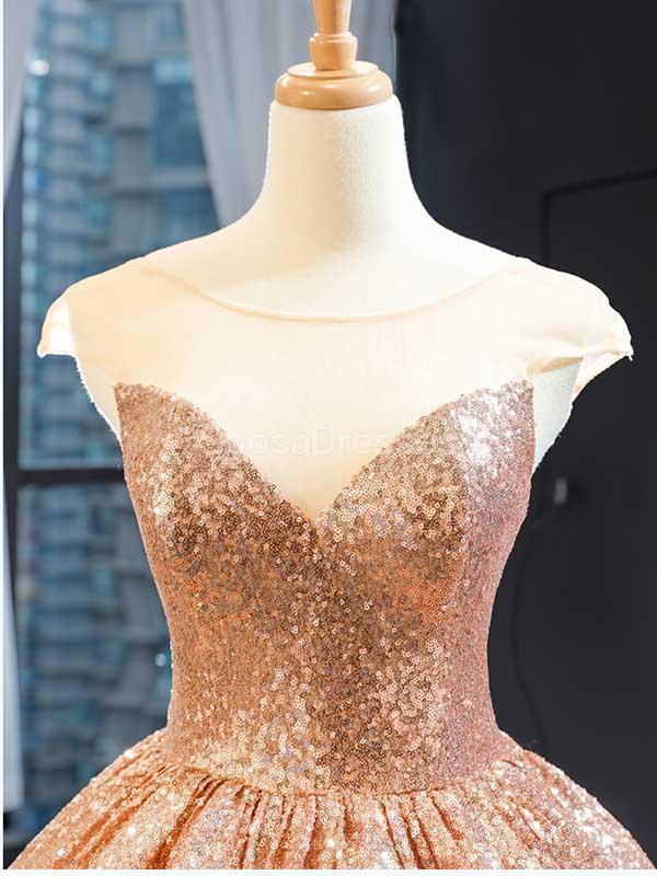 Cap Sleeves Rose Gold Sequin Evening Prom Dresses, Evening Party Prom