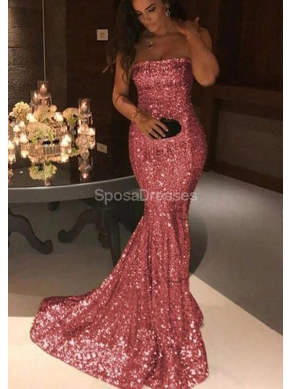 Strapless Sequin Mermaid Cheap Long Evening Prom Dresses, Evening Party Prom Dresses, 12309