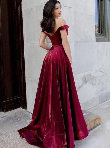 Red A-line Off Shoulder V-neck Party Prom Dresses, Prom & Dance Dresses,12533