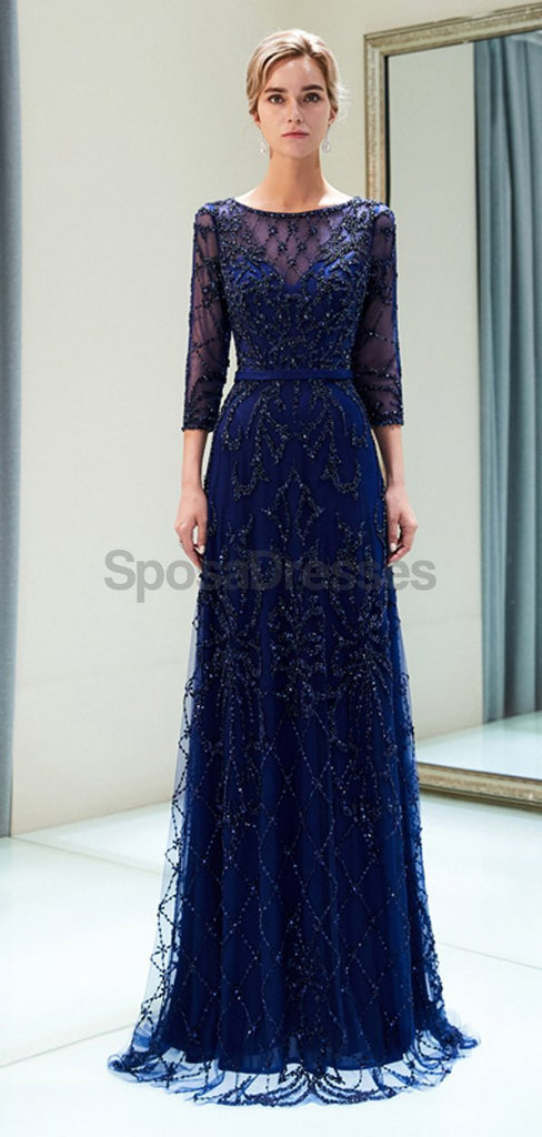 Navy Long Sleeves Lace Beaded Evening Prom Dresses, Evening Party Prom Dresses, 12052